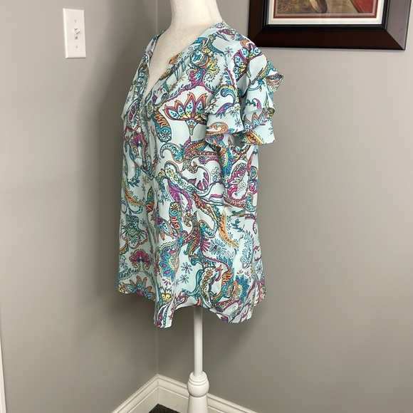 Investments Womens Blue Yellow Pink Paisley Blouse Ruffle Size Large - Picture 2 of 4